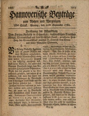 Hannoverische Beyträge zum Nutzen und Vergnügen (Hannoversche Anzeigen) Montag 22. September 1760
