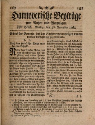 Hannoverische Beyträge zum Nutzen und Vergnügen (Hannoversche Anzeigen) Montag 3. November 1760