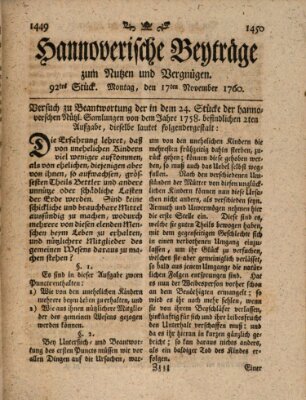 Hannoverische Beyträge zum Nutzen und Vergnügen (Hannoversche Anzeigen) Montag 17. November 1760