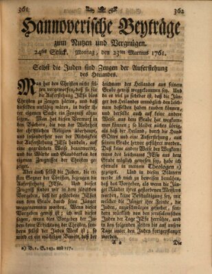 Hannoverische Beyträge zum Nutzen und Vergnügen (Hannoversche Anzeigen) Montag 23. März 1761
