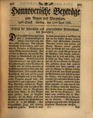 Hannoverische Beyträge zum Nutzen und Vergnügen (Hannoversche Anzeigen) Montag 27. April 1761
