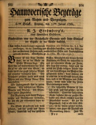 Hannoverische Beyträge zum Nutzen und Vergnügen (Hannoversche Anzeigen) Freitag 31. Juli 1761