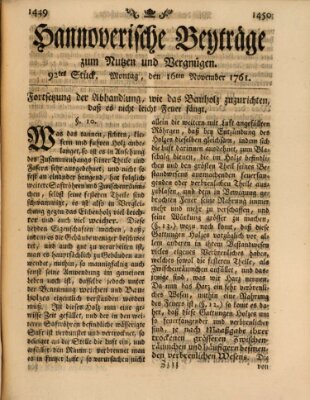 Hannoverische Beyträge zum Nutzen und Vergnügen (Hannoversche Anzeigen) Montag 16. November 1761