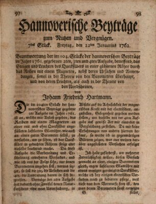 Hannoverische Beyträge zum Nutzen und Vergnügen (Hannoversche Anzeigen) Freitag 22. Januar 1762