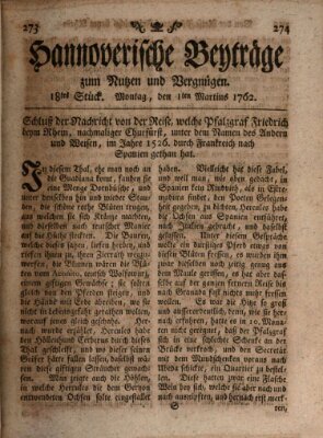 Hannoverische Beyträge zum Nutzen und Vergnügen (Hannoversche Anzeigen) Montag 1. März 1762