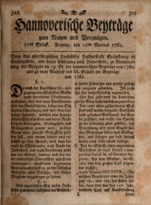 Hannoverische Beyträge zum Nutzen und Vergnügen (Hannoversche Anzeigen) Freitag 12. März 1762
