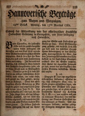 Hannoverische Beyträge zum Nutzen und Vergnügen (Hannoversche Anzeigen) Montag 15. März 1762