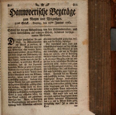 Hannoverische Beyträge zum Nutzen und Vergnügen (Hannoversche Anzeigen) Freitag 25. Juni 1762