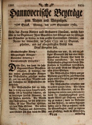 Hannoverische Beyträge zum Nutzen und Vergnügen (Hannoversche Anzeigen) Montag 20. September 1762