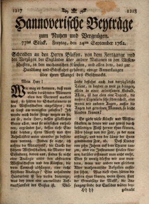 Hannoverische Beyträge zum Nutzen und Vergnügen (Hannoversche Anzeigen) Freitag 24. September 1762