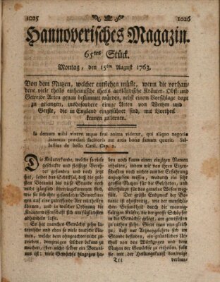 Hannoverisches Magazin (Hannoversche Anzeigen) Montag 15. August 1763
