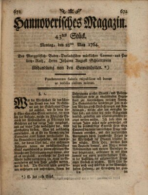 Hannoverisches Magazin (Hannoversche Anzeigen) Montag 28. Mai 1764