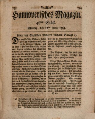 Hannoverisches Magazin (Hannoversche Anzeigen) Montag 17. Juni 1765