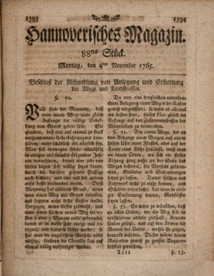 Hannoverisches Magazin (Hannoversche Anzeigen) Montag 4. November 1765