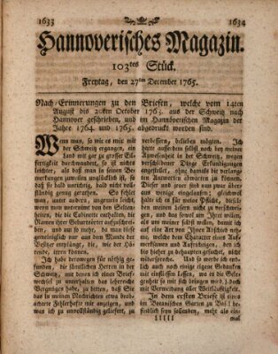 Hannoverisches Magazin (Hannoversche Anzeigen) Freitag 27. Dezember 1765