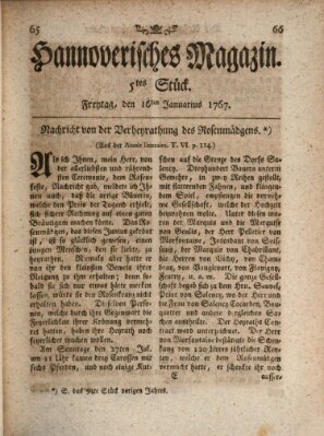 Hannoverisches Magazin (Hannoversche Anzeigen) Freitag 16. Januar 1767