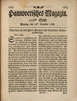 Hannoverisches Magazin (Hannoversche Anzeigen) Montag 19. Dezember 1768