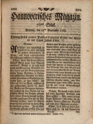 Hannoverisches Magazin (Hannoversche Anzeigen) Freitag 22. September 1769