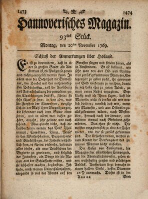 Hannoverisches Magazin (Hannoversche Anzeigen) Montag 20. November 1769