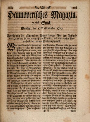 Hannoverisches Magazin (Hannoversche Anzeigen) Montag 17. September 1770