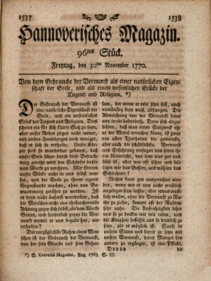 Hannoverisches Magazin (Hannoversche Anzeigen) Freitag 30. November 1770