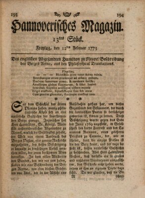 Hannoverisches Magazin (Hannoversche Anzeigen) Freitag 12. Februar 1773