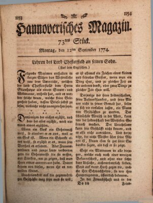 Hannoverisches Magazin (Hannoversche Anzeigen) Montag 12. September 1774