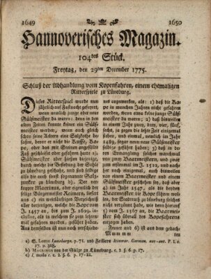 Hannoverisches Magazin (Hannoversche Anzeigen) Freitag 29. Dezember 1775
