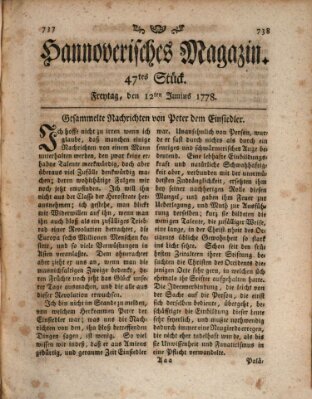 Hannoverisches Magazin (Hannoversche Anzeigen) Freitag 12. Juni 1778