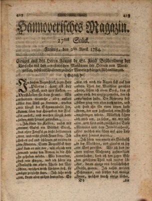 Hannoverisches Magazin (Hannoversche Anzeigen) Freitag 2. April 1784