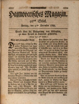Hannoverisches Magazin (Hannoversche Anzeigen) Freitag 9. Dezember 1785