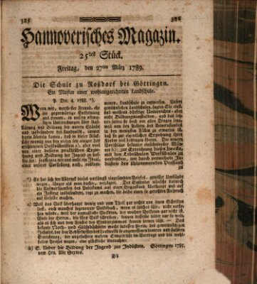 Hannoverisches Magazin (Hannoversche Anzeigen) Freitag 27. März 1789