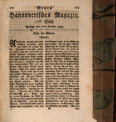 Neues hannoversches Magazin (Hannoversche Anzeigen) Freitag 10. Februar 1792