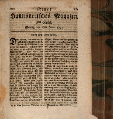 Neues hannoversches Magazin (Hannoversche Anzeigen) Montag 28. Januar 1793
