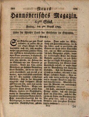 Neues hannoversches Magazin (Hannoversche Anzeigen) Freitag 9. August 1793