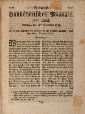 Neues hannoversches Magazin (Hannoversche Anzeigen) Montag 23. September 1793
