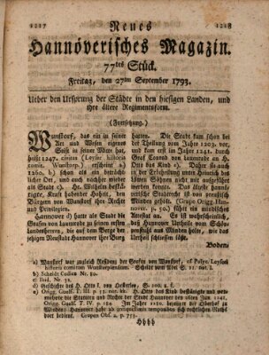 Neues hannoversches Magazin (Hannoversche Anzeigen) Freitag 27. September 1793