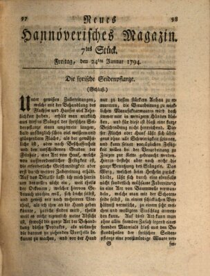 Neues hannoversches Magazin (Hannoversche Anzeigen) Freitag 24. Januar 1794