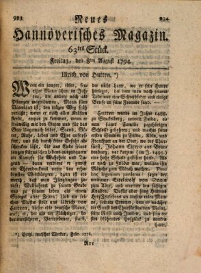Neues hannoversches Magazin (Hannoversche Anzeigen) Freitag 8. August 1794