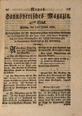 Neues hannoversches Magazin (Hannoversche Anzeigen) Freitag 12. Juni 1795