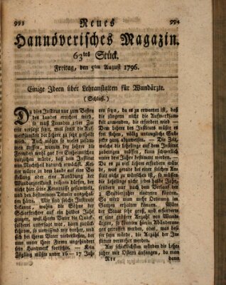 Neues hannoversches Magazin (Hannoversche Anzeigen) Freitag 5. August 1796