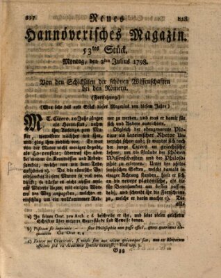 Neues hannoversches Magazin (Hannoversche Anzeigen) Montag 2. Juli 1798