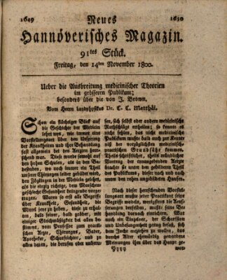 Neues hannoversches Magazin (Hannoversche Anzeigen) Freitag 14. November 1800