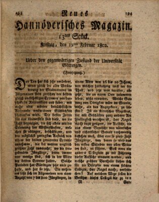 Neues hannoversches Magazin (Hannoversche Anzeigen) Freitag 12. Februar 1802