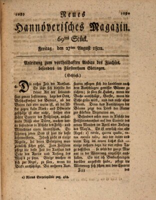 Neues hannoversches Magazin (Hannoversche Anzeigen) Freitag 27. August 1802