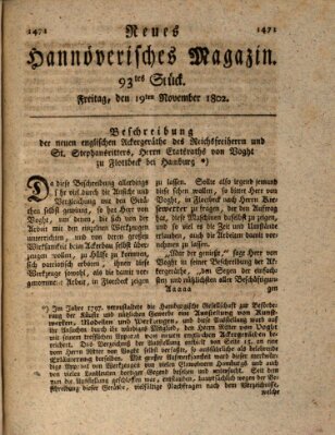 Neues hannoversches Magazin (Hannoversche Anzeigen) Freitag 19. November 1802