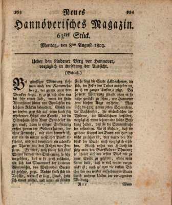 Neues hannoversches Magazin (Hannoversche Anzeigen) Montag 8. August 1803