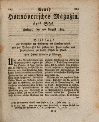 Neues hannoversches Magazin (Hannoversche Anzeigen) Freitag 9. August 1805