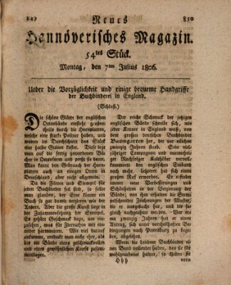 Neues hannoversches Magazin (Hannoversche Anzeigen) Montag 7. Juli 1806