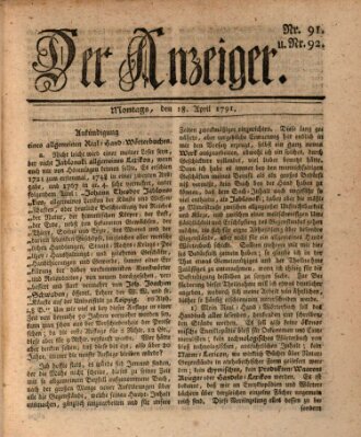 Der Anzeiger (Allgemeiner Anzeiger der Deutschen) Montag 18. April 1791